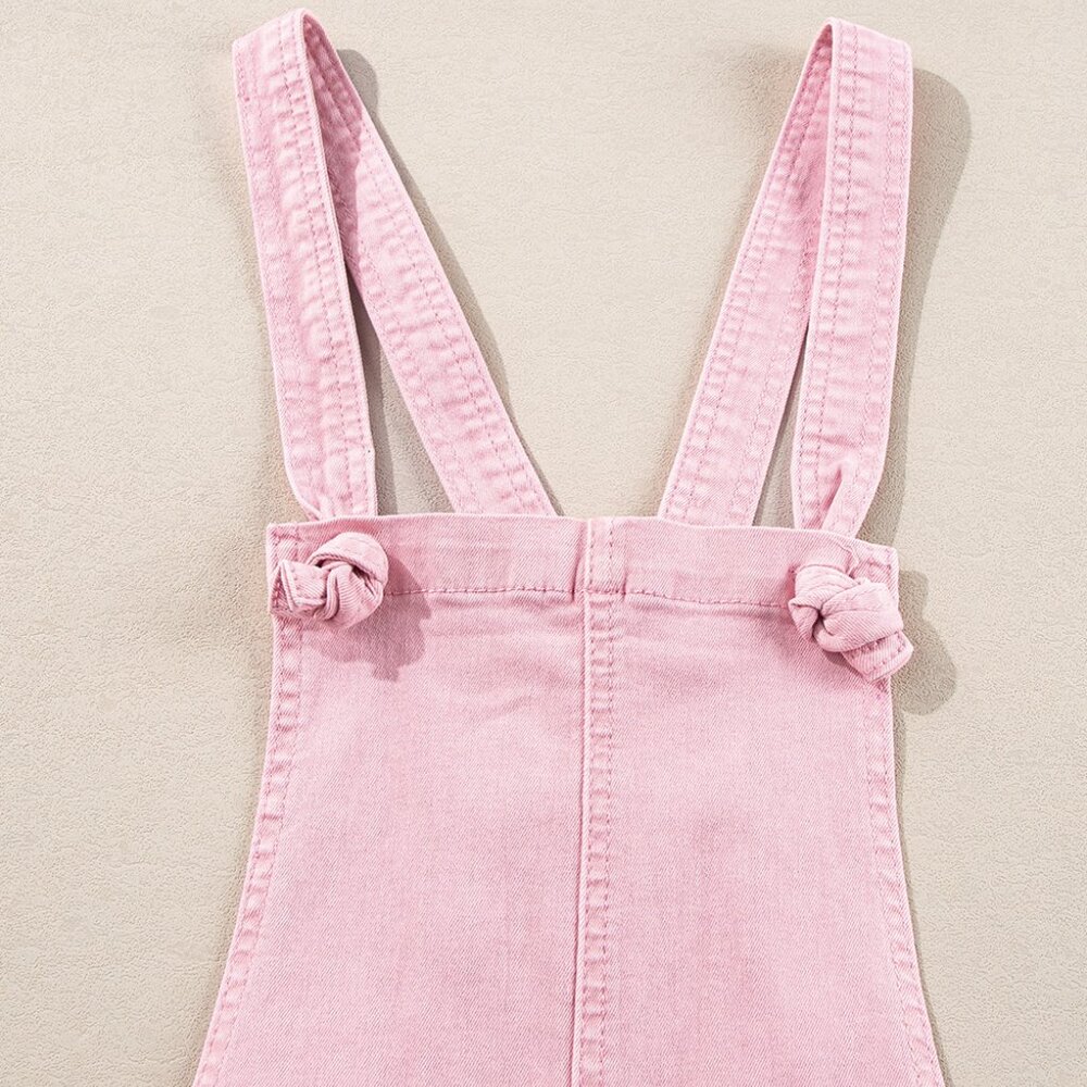 B240 Pink Solid Color Knot Straps Denim Romper with Pockets - Picture 7 of 10
